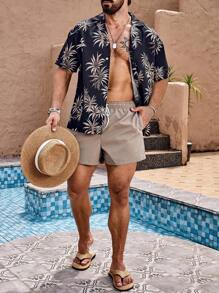 Horizaway 2pcs Men's Casual Palm Tree Print Short Sleeve Shirt And Self-Tie Waist Shorts Beach Outfit,Hawaiian - Khaki - View 6