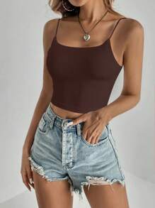 SHEIN Tall Women's Casual Solid Color Metal Buckle Strap Camisole Top Brown Crop Top Built In Bra Top Women Brown Top - Brown - View 3