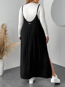 SHEIN CURVE+ 大码女式复古休闲毛衣裙，基本款黑色吊带开衩连衣裙，适合外出和运动 - 黑色 - 查看 2