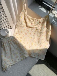 Comfortcana 2pcs/Set Floral Print V-Neck Camisole And Shorts Set, Summer Floral Two Piece Set Cotton Summer Set Cotton Summer Pajamas - Apricot - View 4