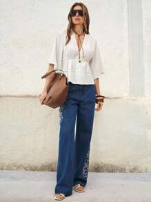 ATUI Studio Damen Lässig vielseitige einfarbige Bluse mit Glockenärmeln und Spitzenbesatz, Boho Damenbekleidung, Western-Wear für Damen, Rave-Outfits Festival, Western-Wear für Damen - Weiss - Übersicht 7