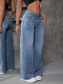 SHEIN ICON Jeans de pierna ancha sueltos con decoración de cadena de cintura baja para mujeres de talla grande