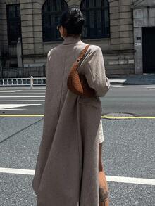DAZY Women's Loose Retro Herringbone Long Sleeve Double-Breasted Pocket Overcoat, Autumn/Winter - Grey - View 2