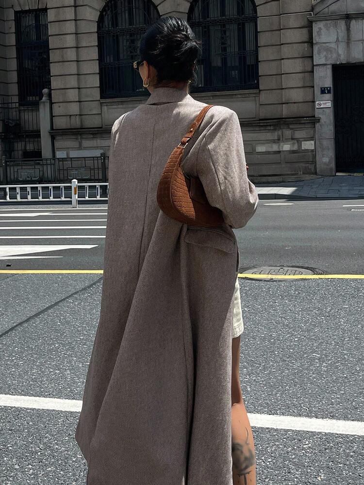 Women's Loose Retro Herringbone Long Sleeve Double-Breasted Pocket Overcoat, Autumn/Winter