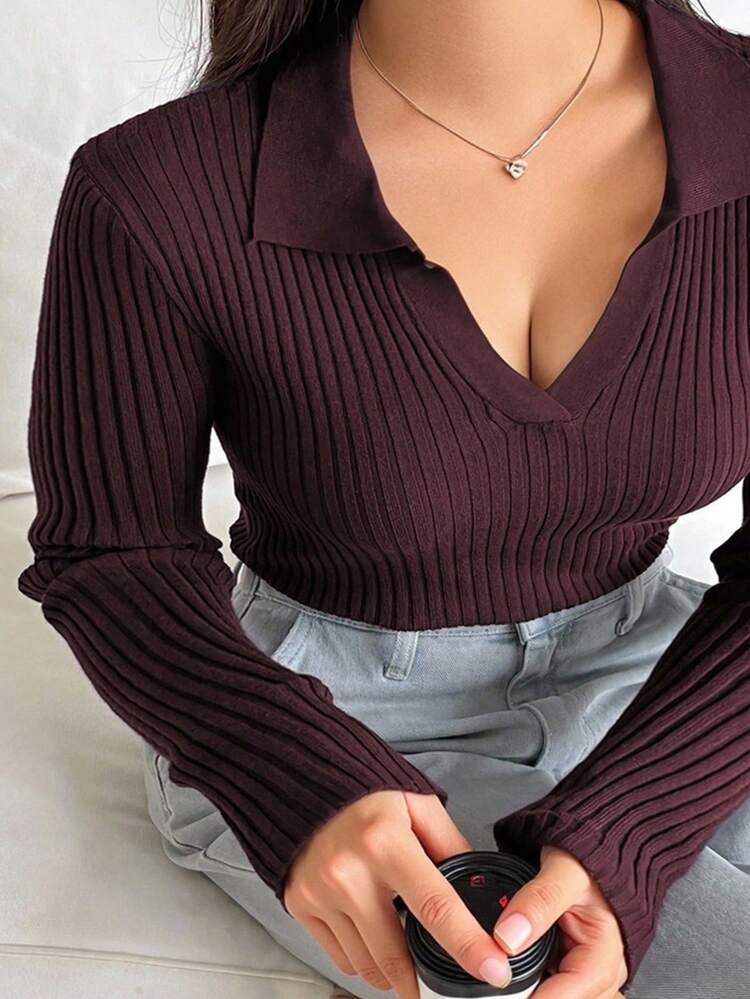 Dazy Plus Valentine Plus Size Solid Color V-Neck Elastic Bodycon Long Sleeve Wine Red Sweater Fall