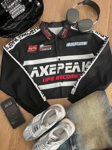 Sparklyn Teen Girl Fashion Street Motorcycle Style Letter Print Contrast Color Cropped Shirt Fall Winter - Black - View 5