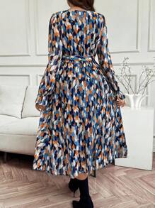 SHEIN Maternity Leaf Print Round Neck Ruffle Sleeve Elegant Dress  Fall   Maternity  Dress - Multicolor - View 2