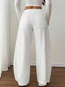 SHEIN PETITE Quần ống rộng đơn giản, túi cài nút màu trơn dành cho nữ - trắng - Xem 2