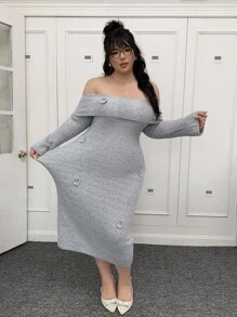 SHEIN EZwear 大码女式 3D 花卉装饰露肩长袖休闲针织连衣裙秋冬女装 - 灰色 - 查看 6