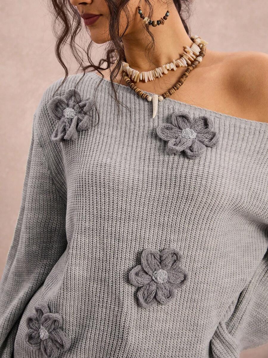 SHEIN VCAY 大码女装时尚3D立体花卉装饰不对称领长袖毛衣秋冬女式冬季毛衣手工3D花朵圣诞时尚灰色休闲仙女风露肩外出复古教师可爱西部波西米亚乡村简约基础款机场 - 灰色 - 查看 1
