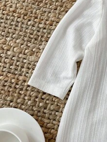 SHEIN Baju Terusan Bayi Perempuan Lucu Warna Putih Bergaris dengan Hiasan Pita, Lengan Panjang, Musim Gugur/Musim Dingin - Putih - View 6