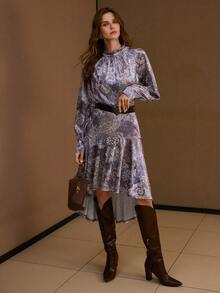MOTF PREMIUM 天鹅绒佩斯利印花立领灯笼袖不对称下摆中长连衣裙（无腰带） - 彩色 - 查看 4