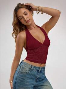 SHEIN BAE Halter Neck Stretch Sexy Cute Lace Summer For Women Boho Open Back Top,Concert Women,Streetwear For Women,Rave - Burgundy - View 5