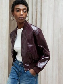 Aveloria Modichic 女式闪亮短款 PU 皮夹克，罗纹领、下摆和袖口，斜插口袋，衬里，多功能 - 紫色 - 查看 1