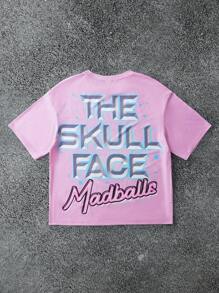 MADBALLS X SHEIN 男士休闲卡通字母印花圆领短袖 T 恤，夏季，2000 年代风格 - 粉色 - 查看 2