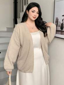 Dazy Plus Cardigan ample à manches lanternes et col V pour femmes grandes tailles, veste d'automne/hiver - Camel - Voir 1