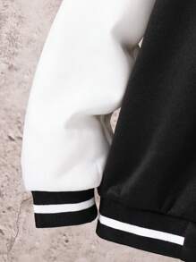 SHEIN Tween Boys' Black Autumn Smart Back-To-School Baseball Collar Jacket,Letter Print Patchwork Contrast Sleeve Loose Open Front Jacket For School,Sports - Black and White - View 6