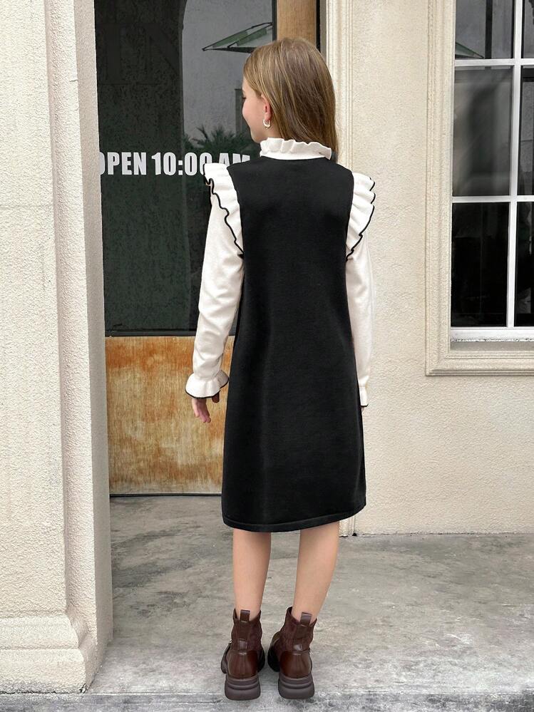 SHEIN Vestido de suéter de manga larga con hombros descubiertos, lazo y jacquard en color albaricoque y negro para niñas preadolescentes, para ocasiones de otoño e invierno - Albaricoque - Añade 11