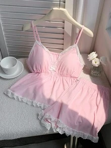 Comfortcana Bộ áo hai dây đan mùa hè dành cho nữ kèm áo ngực đệm và quần short viền ren - Hồng - Xem 5