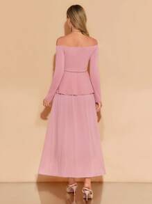 Amorya Women's New Off Shoulder & Chiffon Skirt 2 Pieces Set, Pink, Elegant For Daily Wear, Autumn Elegant Midi Dress Pink Chic Autumn - Pink - View 9