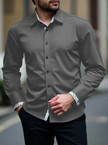 Manfinity Homme Áo sơ mi dài tay viền băng tương phản cỡ lớn dành cho nam, thường ngày/công sở, mùa xuân/thu, dành cho mùa thu - Màu Xám nhạt - Xem 3