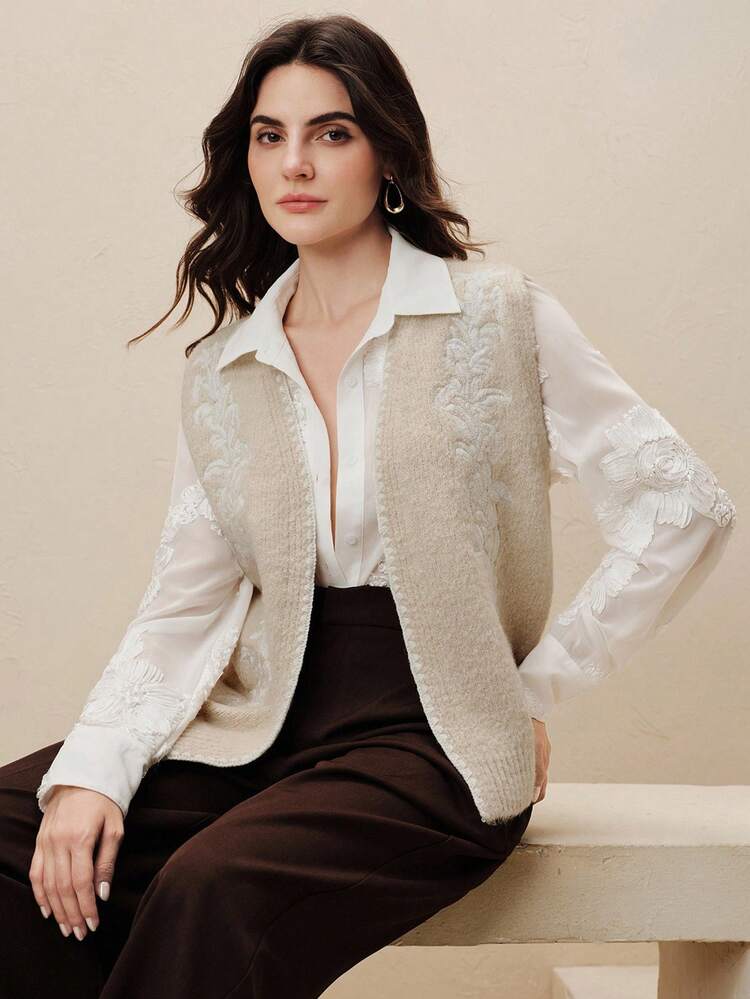 Débardeur tricoté à broderie florale pour femmes, printemps/été. Gilet pull élégant et décontracté pour le bureau