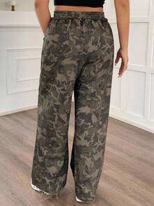 Dazy Plus Elastic Waist Drawstring Tie Waist Patchwork Ruffle Hem Camouflage Loose Straight Leg Plus Size Women Street Style Pants, All Season Fall