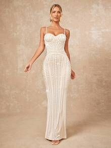 Lumalex Cream White Summer Elegant Formal Faux Pearls Rhinestone Detail Split Hem Bustier Slip Maxi Dress Luxury Prom Banquet Old Money Glitter Party Gown - Beige - View 5