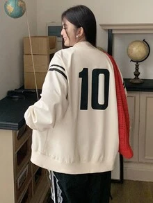 Dazy Plus Plus Size Varsity Jacket, Contrast Color Block & Numeric Print, Long Sleeve Loose Fit Plus Size Casual Coat For Women School - Apricot - View 1