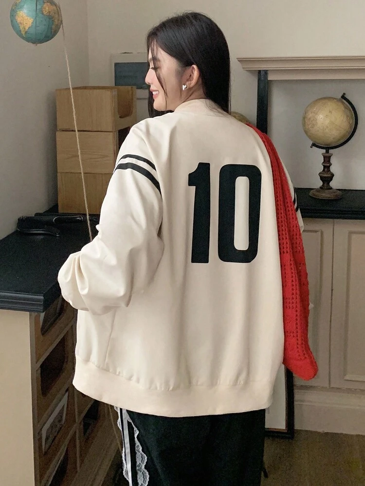 Dazy Plus Plus Size Varsity Jacket, Contrast Color Block & Numeric Print, Long Sleeve Loose Fit Plus Size Casual Coat For Women