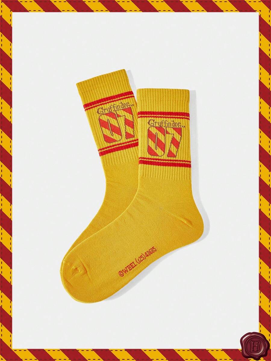 HARRY POTTER X SHEIN 1双女士舒适数字图案中筒袜 - 黃色 - 查看 1