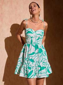 Bóhologie Vestido curto feminino verde com estampa de flores brancas e casual para férias de verão - Verde - Ver 4
