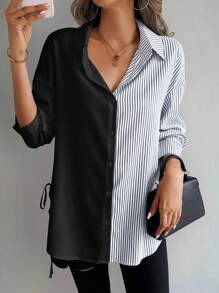 SHEIN LUNE 女式休闲拼色条纹不对称下摆衬衫，春秋季女式衬衫 - 彩色 - 查看 5