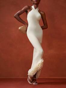 Zivah 2025 年夏季新品，适合生日派对、返校、校园风格、日常穿着、休闲装、度假装、邮轮旅行、海滩装、日光浴装、街头风格、优雅装、通勤装、商务休闲装、无袖圆领、修身装、不对称下摆、前短后长、针织、女式长款针织超长连衣裙 - 杏色 - 查看 8