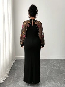 SHEIN Elenzya Elegant Fashion Party Stand Collar Mesh Patchwork Long Sleeve Fitted Waist Plus Size Women Dress Fall Cloth For Women - Black - View 2