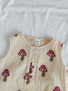 SHEIN 男婴休闲蘑菇印花背心和短裤套装 - 棕色 - 查看 6