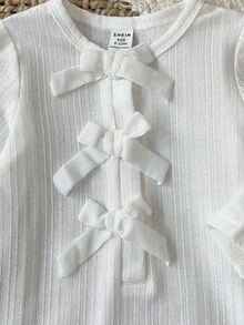 SHEIN Baju Terusan Bayi Perempuan Lucu Warna Putih Bergaris dengan Hiasan Pita, Lengan Panjang, Musim Gugur/Musim Dingin - Putih - View 7