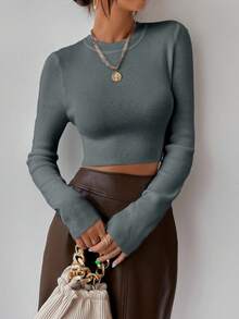 RosyDaze Crew Neck Fitted Elegant Office Wear Long Sleeve Sweater Fall Winter Cloth For Women - Dark Grey - View 5