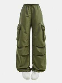 SHEIN Loose Casual Comfortable Mid-Waist Cargo Pocket Straight Leg Pants For Teen Girls Fall Winter - Army Green - View 4