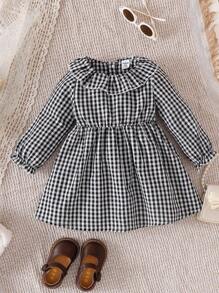 SHEIN 2pcs Baby Girls Plaid Ruffle Hem Dress + Coral Fleece Vest With Bow Decor, Cute Sweet Fashion Outfit, Suitable For Spring & Autumn Fall Winter - Multicolor - View 5