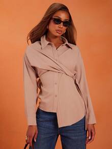 NYA SZN Top à manches longues avec col boutonné, cravate, tenue d'affaires, décontractée de tous les jours, modeste, de bureau, pour l'automne, déclaration, festival pour femmes - Tabac - Voir 5