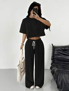SHEIN EZwear 2件組女款休閒街頭風黑色針織T恤與抽繩長褲套裝，舒適舒適健身夏季機場居家休閒 - 黑色 - 查看 4