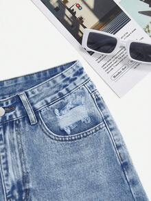 SHEIN ICON Women's Fashion Ripped Pocket Denim Shorts - Light Wash - View 3