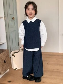 2件套 女童圆领韩版无袖衬衫背心+休闲牛仔裤套装 - 藍色 - 查看 9
