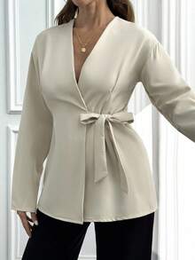 EURMUSE Solid Color, Open Front, Belted, Jackets - Beige - View 3