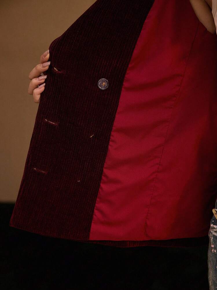 CORDUROY SOLID PEAK COLLAR DOUBLE BREASTED PLACKET BLAZER