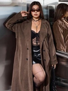 SHEIN EZwear Dwurzędowa wiatrówka z imitacji zamszu w dużym rozmiarze, na co dzień, jesień/zima - Brązowy - Zobacz 1