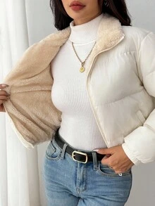 SHEIN PETITE 女士拉链夹棉大衣，日常穿着，秋冬季白色冬季大衣羽绒服女士冬季夹克外套女士羽绒服女士冬季羽绒服女士羽绒服 - 奶油色 - 查看 8
