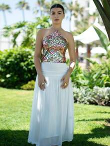 Andrea Bello 女士优雅简约假日海滩日常装白色雪纺飘逸 A 字褶皱不对称拉链长裙，夏季 - 白色 - 查看 4