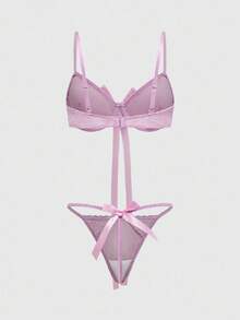 ROMWE Kawaii Bộ đồ lót dây và áo ngực có gọng nơ xinh xắn, đồ lót nhung gợi cảm - màu đen - Xem 2